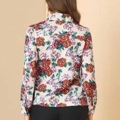 Allegra K Women's Bow Tie Neck Puff Sleeve Blouse Floral Ruffle Elegant Work Top