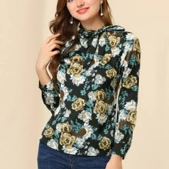 Allegra K Women's Bow Tie Neck Puff Sleeve Blouse Floral Ruffle Elegant Work Top