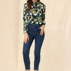 Allegra K Women's Bow Tie Neck Puff Sleeve Blouse Floral Ruffle Elegant Work Top