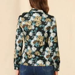 Allegra K Women's Bow Tie Neck Puff Sleeve Blouse Floral Ruffle Elegant Work Top