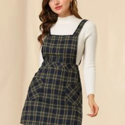 Allegra K Women's Plaid Tartan Button Decor A-Line Pinafore Overall Dress 76 Allegra K Women's Plaid Tartan Button Decor A-Line Pinafore Overall Dress