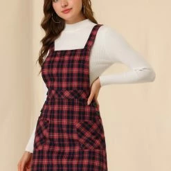 Allegra K Women's Plaid Tartan Button Decor A-Line Pinafore Overall Dress 71 Allegra K Women's Plaid Tartan Button Decor A-Line Pinafore Overall Dress
