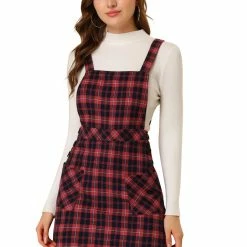 Allegra K Women's Plaid Tartan Button Decor A-Line Pinafore Overall Dress 68 Allegra K Women's Plaid Tartan Button Decor A-Line Pinafore Overall Dress