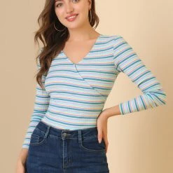 Allegra K Faux Wrap Knit Top In Striped Rainbow 42 Allegra K Faux Wrap Knit Top In Striped Rainbow