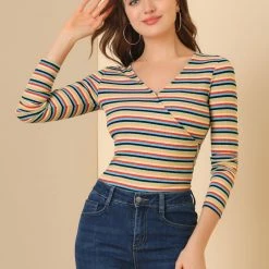 Allegra K Faux Wrap Knit Top In Striped Rainbow 48 Allegra K Faux Wrap Knit Top In Striped Rainbow