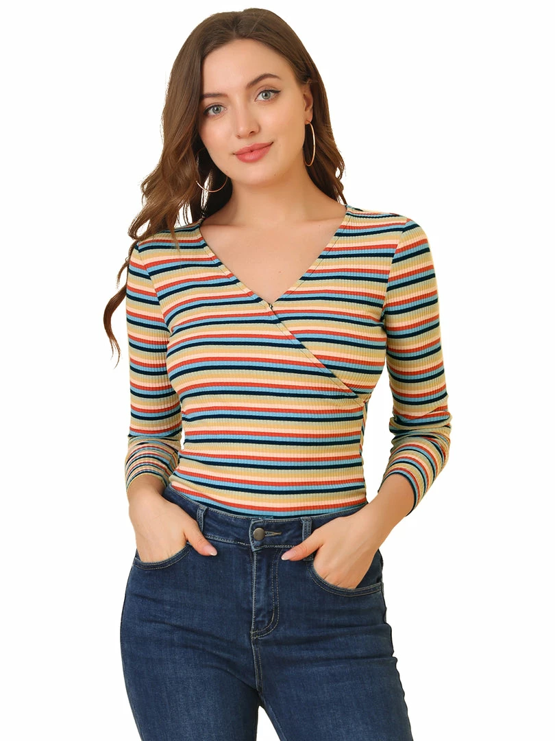 Allegra K Faux Wrap Knit Top In Striped Rainbow 22 Allegra K Faux Wrap Knit Top In Striped Rainbow