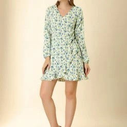 Allegra K Women's Floral V Neck Tie Waist Ruffled Hem Chiffon Long Sleeve Dress