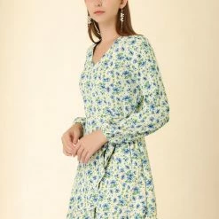 Allegra K Women's Floral V Neck Tie Waist Ruffled Hem Chiffon Long Sleeve Dress