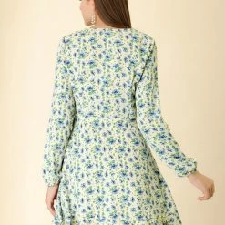 Allegra K Women's Floral V Neck Tie Waist Ruffled Hem Chiffon Long Sleeve Dress