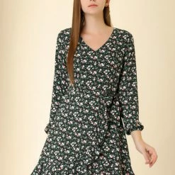 Allegra K Women's Floral V Neck Tie Waist Ruffled Hem Chiffon Long Sleeve Dress