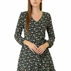 Allegra K Women's Floral V Neck Tie Waist Ruffled Hem Chiffon Long Sleeve Dress