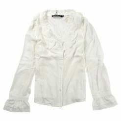 Allegra K Women's Ruffled Front Long Sleeve Lace Trim V Neck Button Down Blouse Shirt