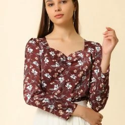 Allegra K Women's Blouse Cowl Neck Vintage Floral Long Sleeve