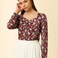 Allegra K Women's Blouse Cowl Neck Vintage Floral Long Sleeve