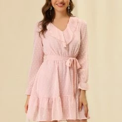 Allegra K Women's Swiss Dots Tie Waist Chiffon Ruffle Dress