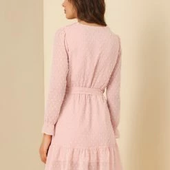 Allegra K Women's Swiss Dots Tie Waist Chiffon Ruffle Dress