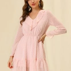 Allegra K Women's Swiss Dots Tie Waist Chiffon Ruffle Dress