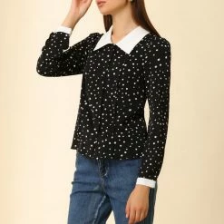 Allegra K Women's Dots Contrast Collar Button Front Top Long Sleeves Peter Pan Blouse