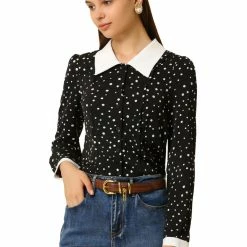 Allegra K Women's Dots Contrast Collar Button Front Top Long Sleeves Peter Pan Blouse