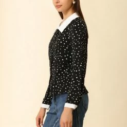 Allegra K Women's Dots Contrast Collar Button Front Top Long Sleeves Peter Pan Blouse