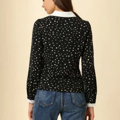 Allegra K Women's Dots Contrast Collar Button Front Top Long Sleeves Peter Pan Blouse