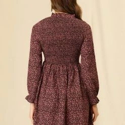 Allegra K Women's Ruffle Neck Long Sleeve A-Line Smocked Floral Dress