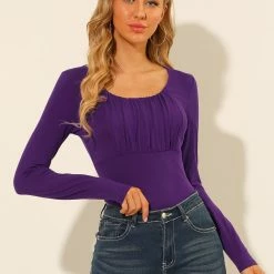 Allegra K Women's Solid Color Blouse Ruched Front Scoop Neck Long Sleeve Basic Tops 11 Allegra K Women's Solid Color Blouse Ruched Front Scoop Neck Long Sleeve Basic Tops