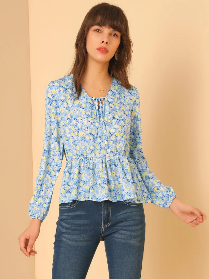 Allegra K Women's V Neck Ditsy Floral Printed Long Sleeve Chiffon Blouses Peplum Tops 6 Allegra K Women's V Neck Ditsy Floral Printed Long Sleeve Chiffon Blouses Peplum Tops
