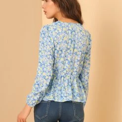 Allegra K Women's V Neck Ditsy Floral Printed Long Sleeve Chiffon Blouses Peplum Tops 14 Allegra K Women's V Neck Ditsy Floral Printed Long Sleeve Chiffon Blouses Peplum Tops