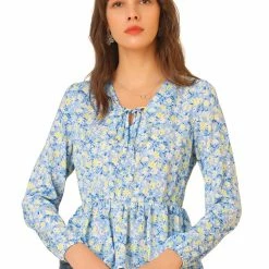 Allegra K Women's V Neck Ditsy Floral Printed Long Sleeve Chiffon Blouses Peplum Tops