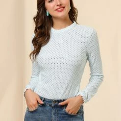 Allegra K Women's Dots Tops Crew Neck Long Sleeves Hollow Out Elegant Blouses