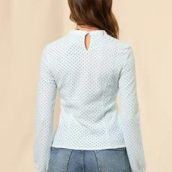 Allegra K Women's Dots Tops Crew Neck Long Sleeves Hollow Out Elegant Blouses