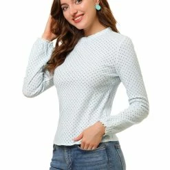 Allegra K Women's Dots Tops Crew Neck Long Sleeves Hollow Out Elegant Blouses