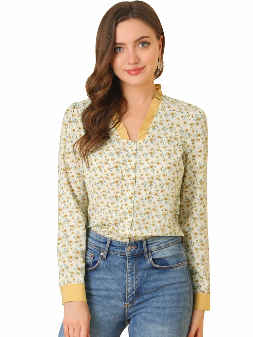 Allegra K Women's V Neck Chiffon Button Front Long Sleeve Shirt 4 Allegra K Women's V Neck Chiffon Button Front Long Sleeve Shirt