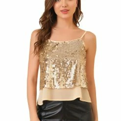 Allegra K Women's Sleeveless Crop Camisole Contrast Panel Sequin Vest Chiffon Tank Tops
