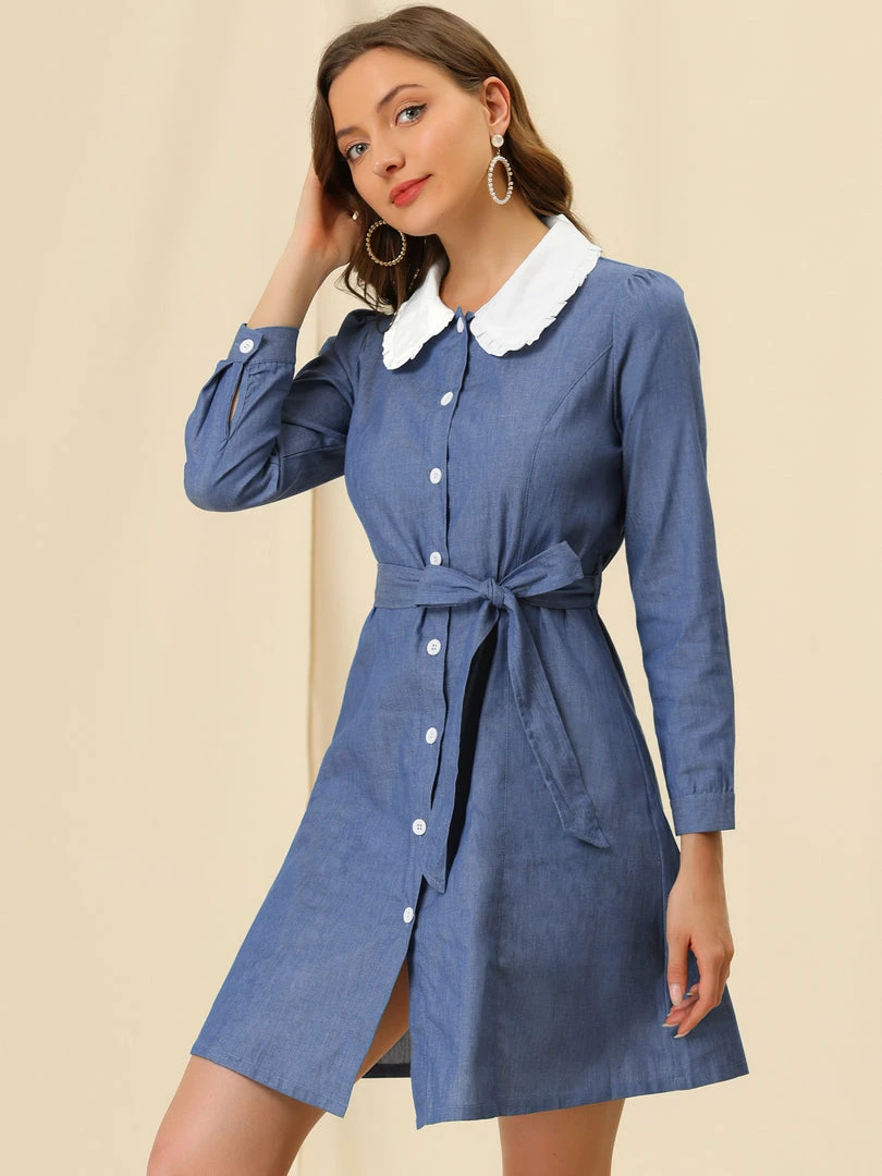 Allegra K Women's Contrast Peter Pan Collar Belted Button Down Long Sleeve Chambray Shirt Dress 6 Allegra K Women's Contrast Peter Pan Collar Belted Button Down Long Sleeve Chambray Shirt Dress