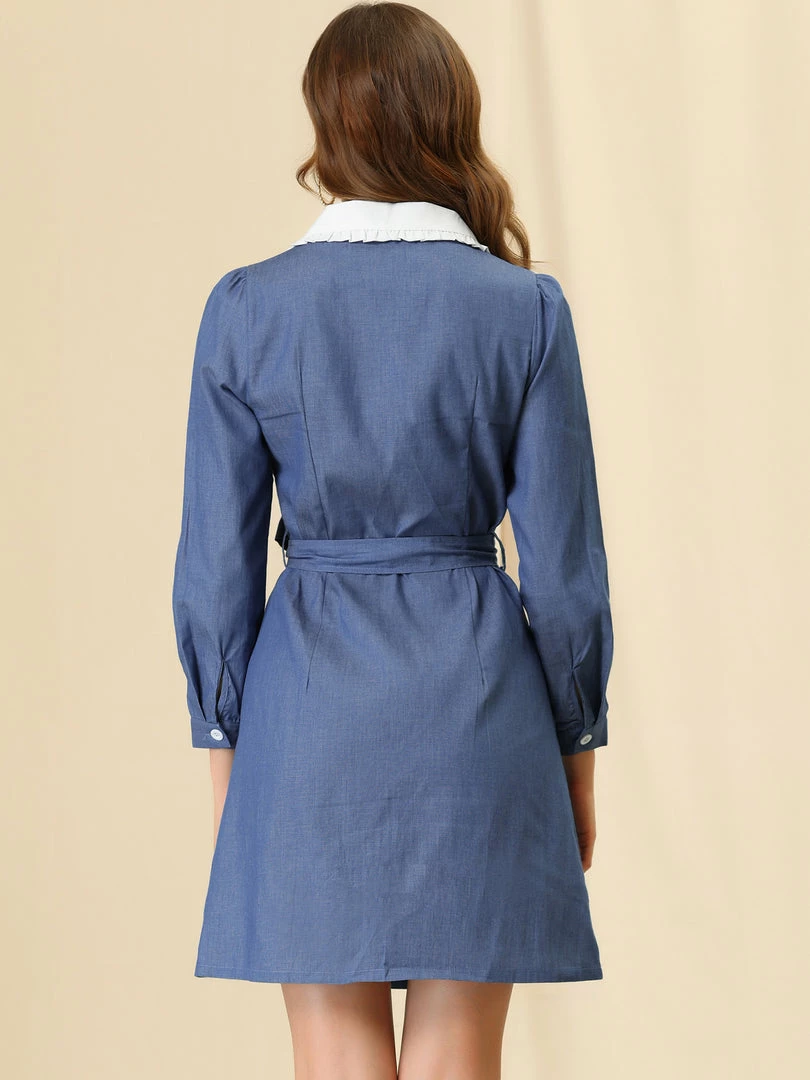 Allegra K Women's Contrast Peter Pan Collar Belted Button Down Long Sleeve Chambray Shirt Dress 7 Allegra K Women's Contrast Peter Pan Collar Belted Button Down Long Sleeve Chambray Shirt Dress