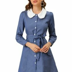 Allegra K Women's Contrast Peter Pan Collar Belted Button Down Long Sleeve Chambray Shirt Dress