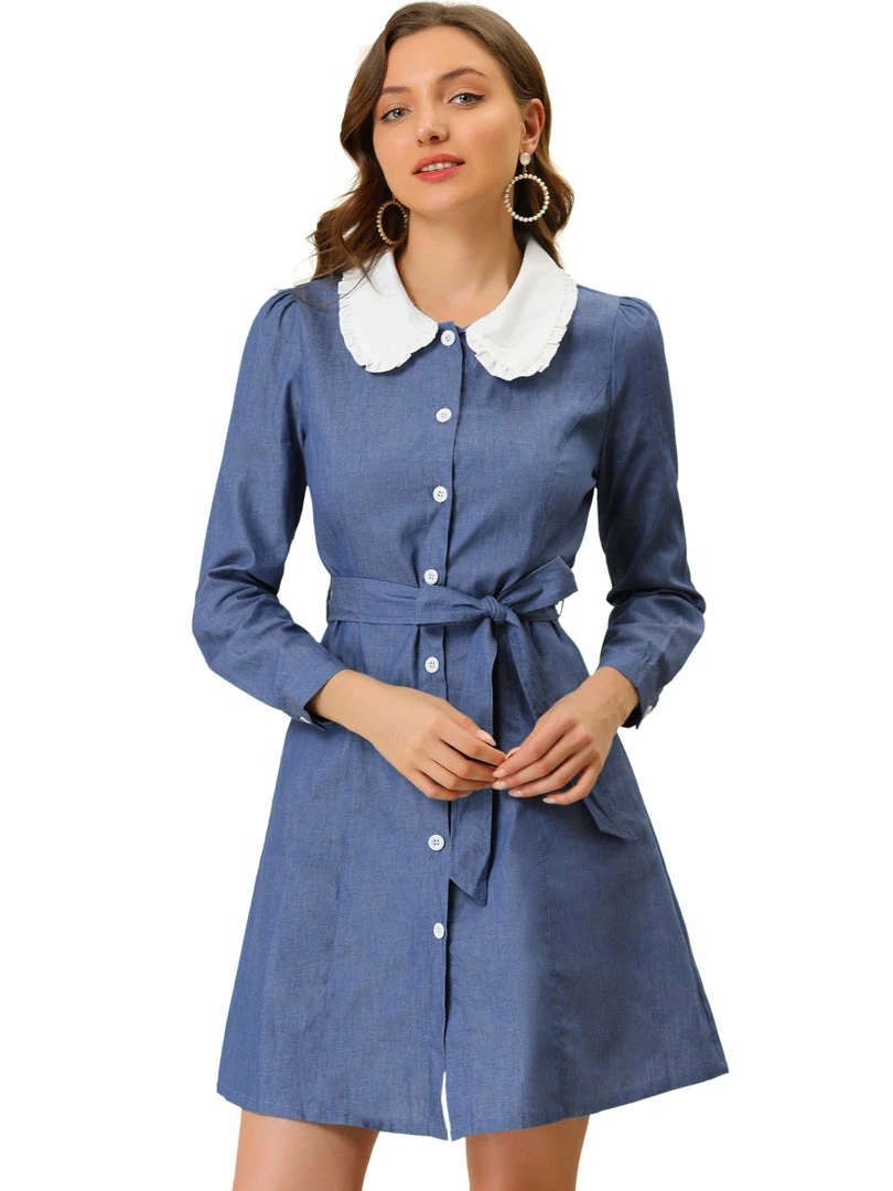 Allegra K Women's Contrast Peter Pan Collar Belted Button Down Long Sleeve Chambray Shirt Dress 4 Allegra K Women's Contrast Peter Pan Collar Belted Button Down Long Sleeve Chambray Shirt Dress