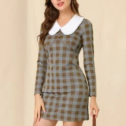 Allegra K Women's Contrast Peter Pan Collar Dresses Long Sleeve Houndstooth Plaid Dress
