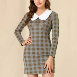 Allegra K Women's Contrast Peter Pan Collar Dresses Long Sleeve Houndstooth Plaid Dress