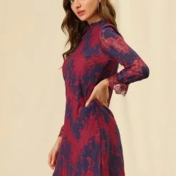 Allegra K Ruffle Crew Neck Crochet Floral Lace Dress