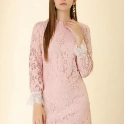Allegra K Ruffle Crew Neck Crochet Floral Lace Dress
