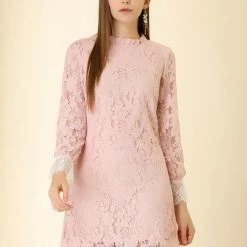 Allegra K Ruffle Crew Neck Crochet Floral Lace Dress