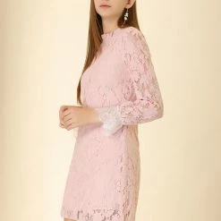 Allegra K Ruffle Crew Neck Crochet Floral Lace Dress