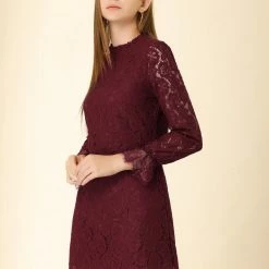 Allegra K Ruffle Crew Neck Crochet Floral Lace Dress