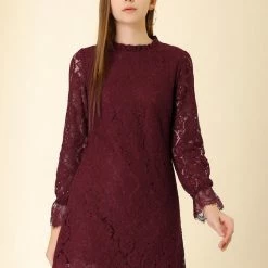 Allegra K Ruffle Crew Neck Crochet Floral Lace Dress