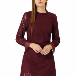 Allegra K Ruffle Crew Neck Crochet Floral Lace Dress