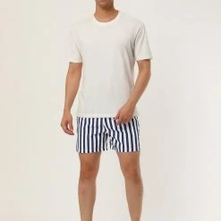 Allegra K Men's Summer Striped Mesh Lining Drawstring Waist Swim Shorts With Pockets