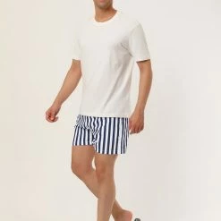 Allegra K Men's Summer Striped Mesh Lining Drawstring Waist Swim Shorts With Pockets